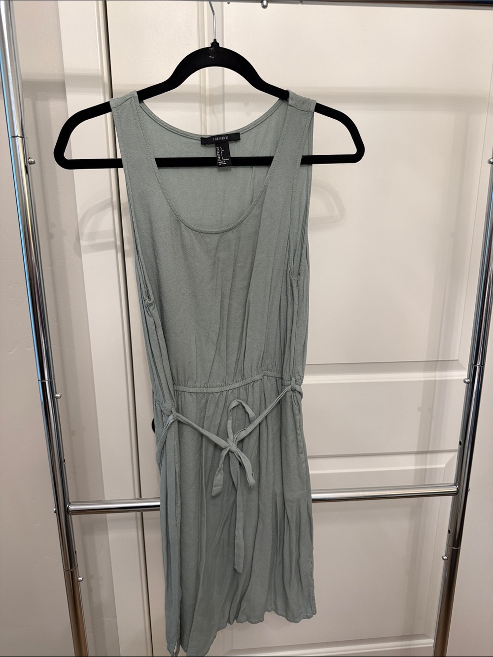 Forever 21 Sage Green Scoop Neck Tie-Waist Mini Dress